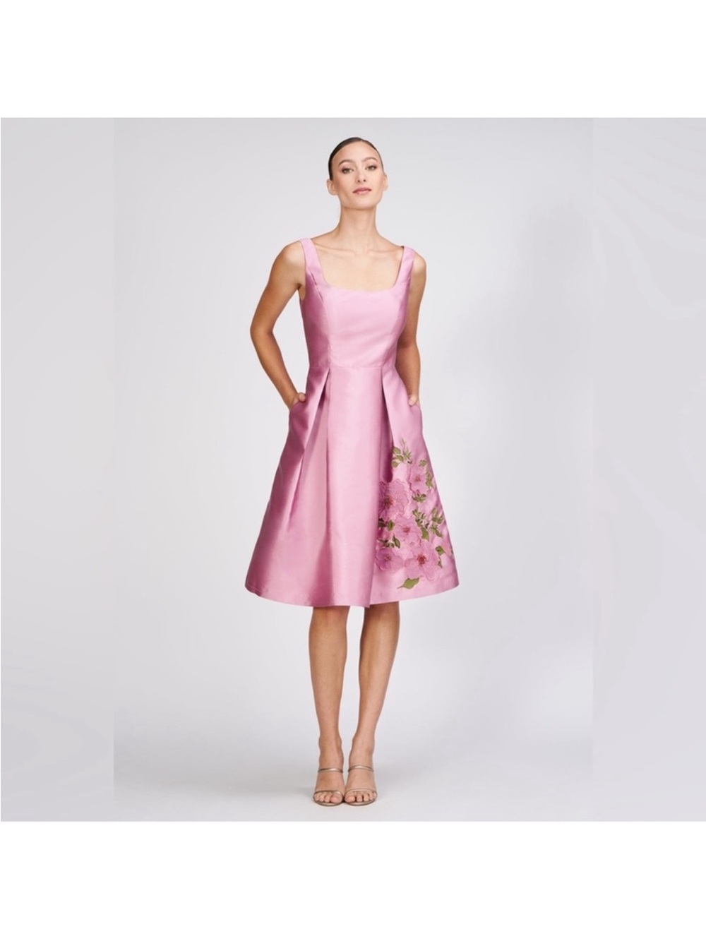 Pink Floral A-Line Midi Dress with Square Neck